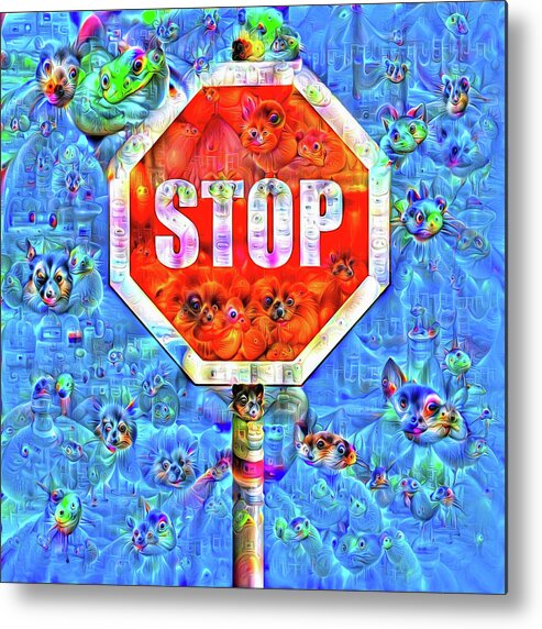 Stop Metal Print featuring the digital art Stop Sign Surreal Deep Dream Image by Matthias Hauser