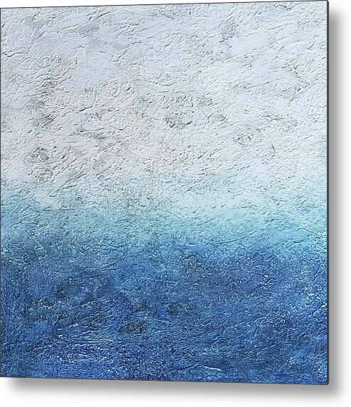 Blue Wall Art Metal Print featuring the painting STORMY HORIZON Coastal Abstract in Blue and White by Lynnie Lang