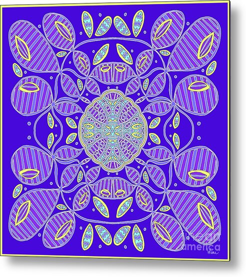 Blue And Purple Strips Metal Print featuring the mixed media Striped Blobs and Ornate Center in Blue, Purple, Turquoise and Yellow by Lise Winne