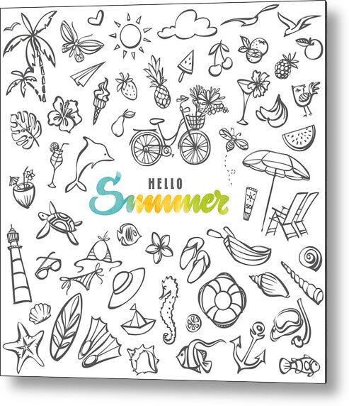 White Background Metal Print featuring the drawing Summer icons collection by Ollustrator