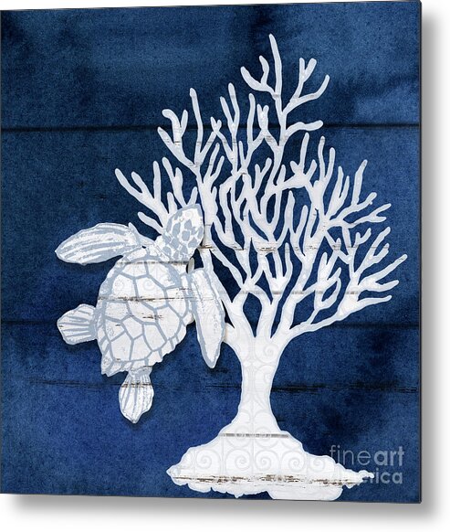 Summer Seas Metal Print featuring the painting Summer Seas 8 Sea Turtle and Fan Coral Navy and White by Audrey Jeanne Roberts