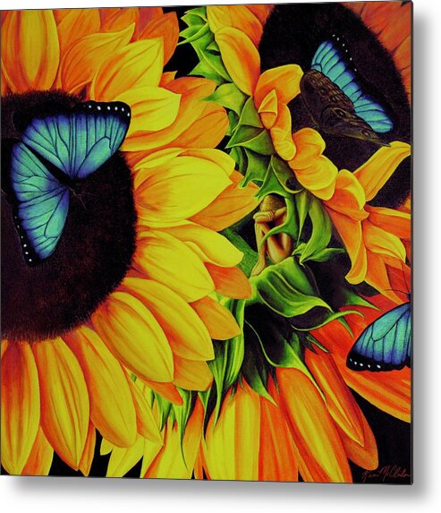 Kim Mcclinton Metal Print featuring the painting Blue Morpho Sunflower Dream by Kim McClinton