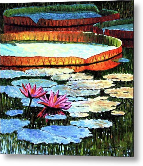 Water Lily Metal Print featuring the painting Sunlight On Lily Pad by John Lautermilch