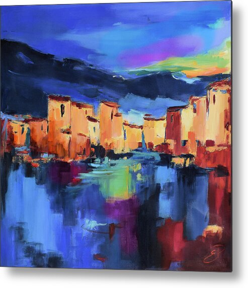Cinque Terre Metal Print featuring the painting Sunset Over the Village by Elise Palmigiani