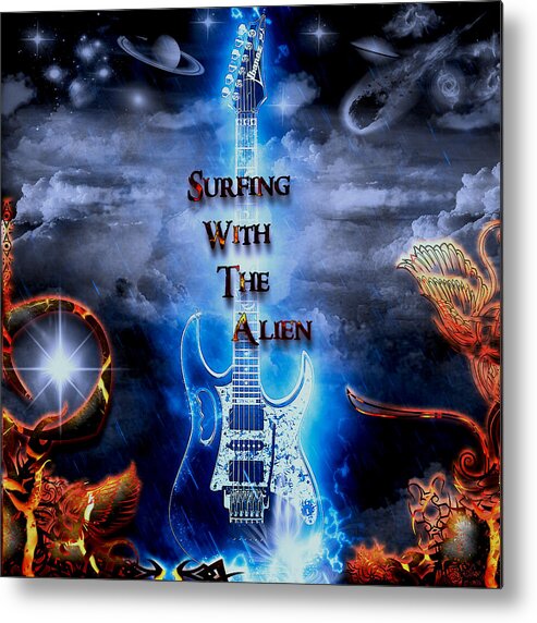 Surfing With The Alien Metal Print featuring the digital art Surfing With The Alien by Michael Damiani