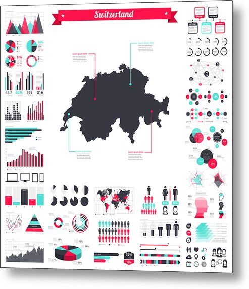 International Border Metal Print featuring the drawing Switzerland map with infographic elements - Big creative graphic set by Bgblue