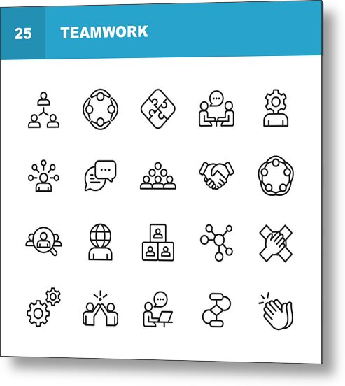 Working Metal Print featuring the drawing Teamwork Line Icons. Editable Stroke. Pixel Perfect. For Mobile and Web. Contains such icons as Business Meeting, Cooperation, Applause, High Five, Leadership. by Rambo182