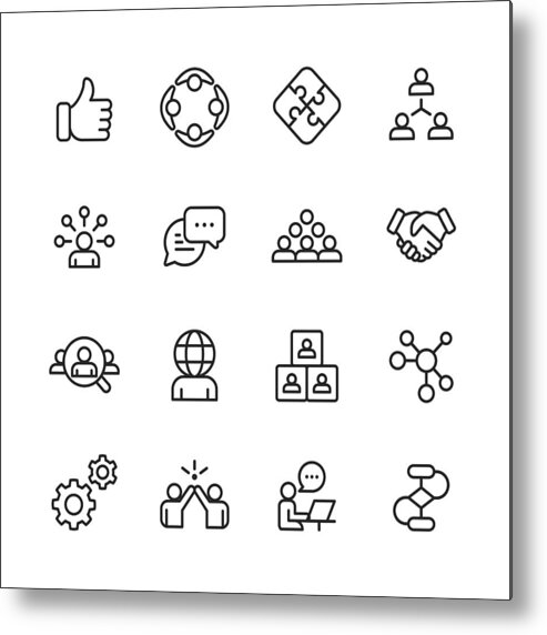 New Hire Metal Print featuring the drawing Teamwork Line Icons. Editable Stroke. Pixel Perfect. For Mobile and Web. Contains such icons as Like Button, Cooperation, Handshake, Human Resources, Text Messaging. by Rambo182