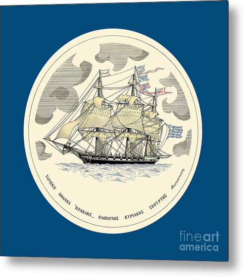 Historic Vessels Metal Print featuring the drawing The polacca Iraklis - miniature with colored border by Panagiotis Mastrantonis