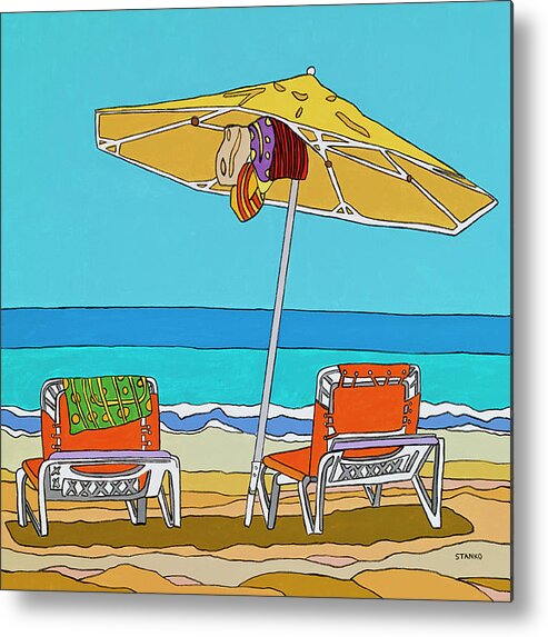 Beach Chairs Sand Ocean Water Summer Umbrella Metal Print featuring the painting The yellow umbrella by Mike Stanko