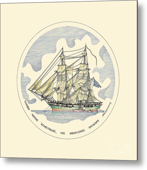 Historic Vessels Metal Print featuring the drawing The brig Themistoklis - 1816 miniature by Panagiotis Mastrantonis