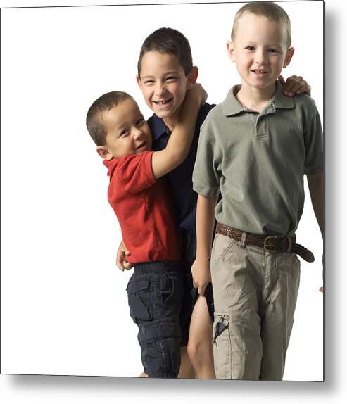Three Quarter Length Metal Print featuring the photograph Three Caucasian Child Brothers Play Around With Each Other by Photodisc