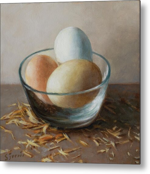 Oil Painting Metal Print featuring the painting Three Eggs In A Glass Bowl by Susan N Jarvis