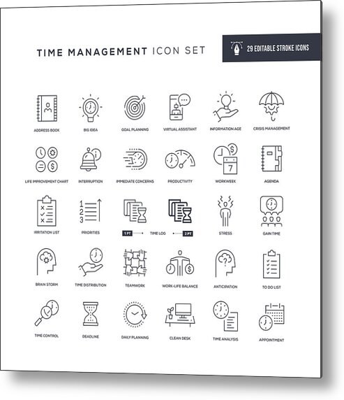 Working Metal Print featuring the drawing Time Management Editable Stroke Line Icons by Enis Aksoy