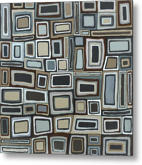 Retro Metal Print featuring the painting TIMES SQUARED URBAN Abstract Squares Black Gray Brown Tan by Lynnie Lang