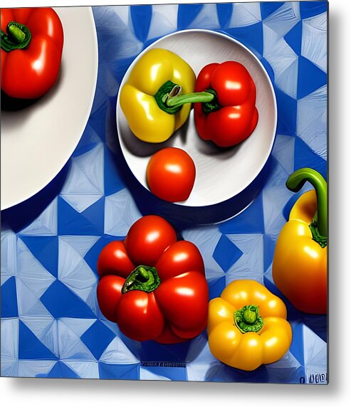 Fruit Metal Print featuring the digital art Tomatoes and Peppers by Katrina Gunn