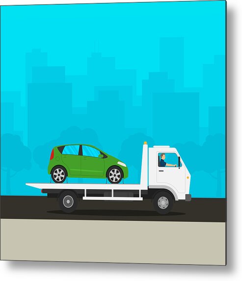 Working Metal Print featuring the photograph Tow truck towing broken down car illustration by Flavio Coelho