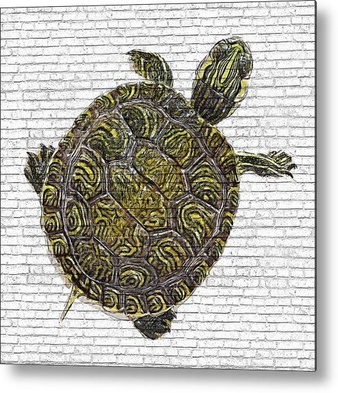 Turtles Metal Print featuring the painting Trachemys scripta, Red-eared slider Baby - Brick Block Background by Custom Pet Portrait Art Studio