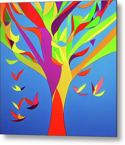 Tree Metal Print featuring the digital art Tree and Birds Colorful Abstract 01 by Matthias Hauser