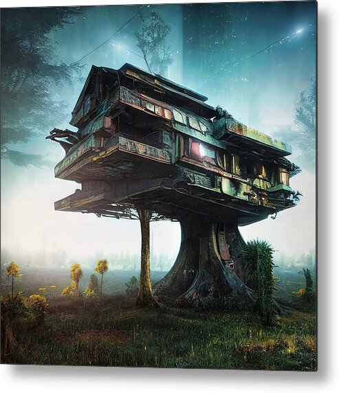 Treehouse Metal Print featuring the digital art Treehouse in the early morning mist by Micah Offman