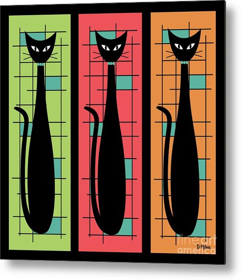 Mid Century Modern Metal Print featuring the digital art Trio of Cats Green, Salmon and Orange on Black by Donna Mibus