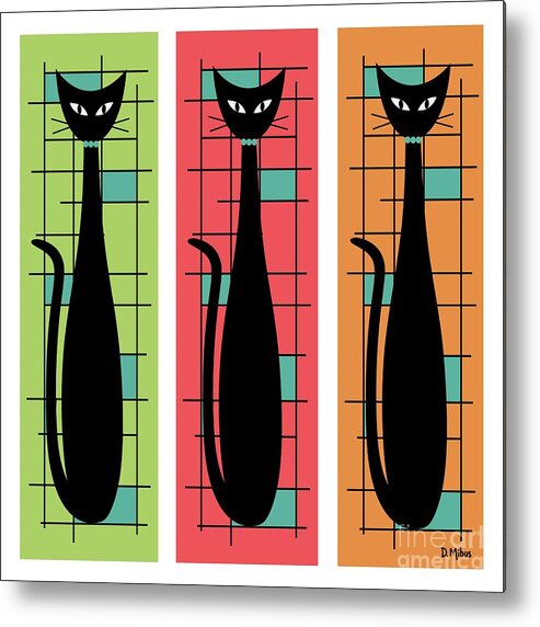 Mid Century Modern Metal Print featuring the digital art Trio of Cats Green, Salmon and Orange on White by Donna Mibus
