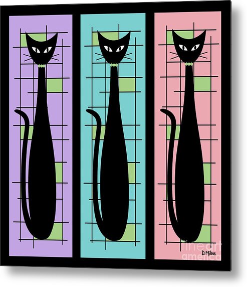 Mid Century Modern Metal Print featuring the digital art Trio of Cats Purple, Blue and Pink on Black by Donna Mibus