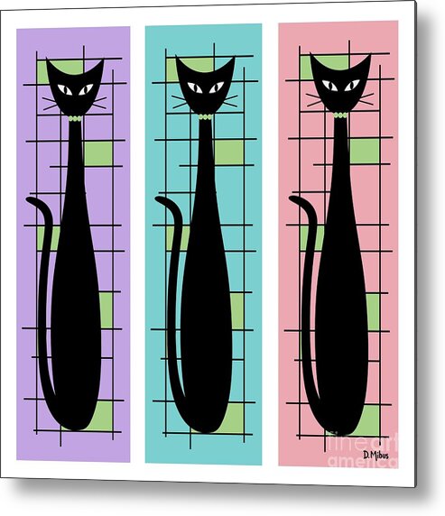 Mid Century Modern Metal Print featuring the digital art Trio of Cats Purple, Blue and Pink on White by Donna Mibus
