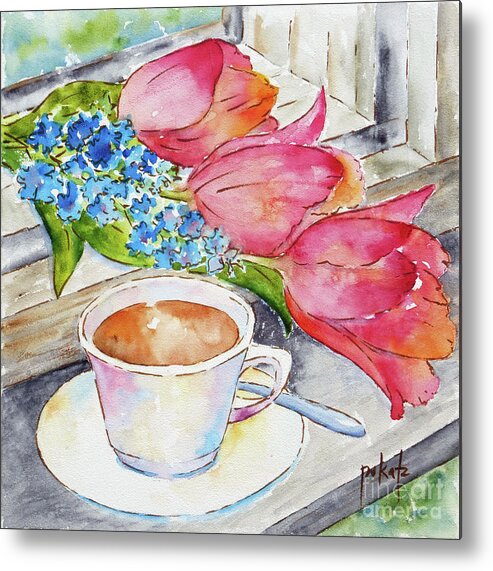 Coffee Signs Metal Print featuring the painting Tulips On The Windowsill by Pat Katz