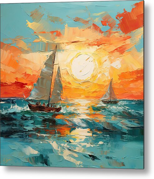 Turquoise And Orange Metal Print featuring the digital art Turquoise and Orange Seascape by Lourry Legarde