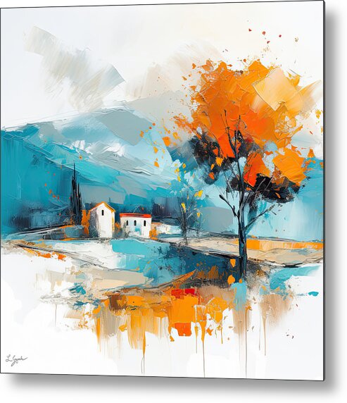 Turquoise And Orange Metal Print featuring the painting Turquoise and Orange Tuscan Landscapes - Modern Impressionist Art by Lourry Legarde