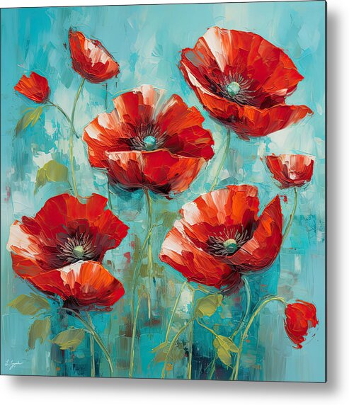 Poppies Metal Print featuring the painting Turquoise Poppies - Red And Turquoise Art by Lourry Legarde