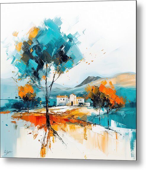 Turquoise And Orange Metal Print featuring the painting Tuscan Dream - Modern Turquoise and Orange Landscapes by Lourry Legarde