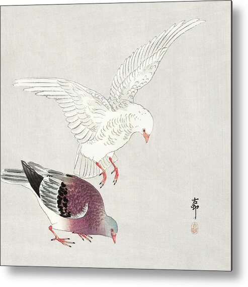 Two Pigeons Metal Print featuring the painting Two pigeons by Ohara Koson