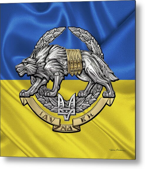 'military Insignia & Heraldry’ Collection By Serge Averbukh Metal Print featuring the digital art Ukrainian Special Operations Forces - SSO Emblem over Ukrainian Colors by Serge Averbukh