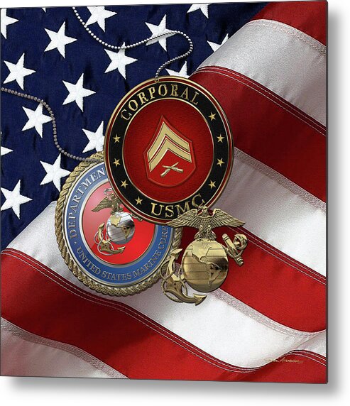 Military Insignia & Heraldry Collection By Serge Averbukh Metal Print featuring the digital art U.S. Marine Corporal Rank Insignia with Seal and EGA over American Flag by Serge Averbukh
