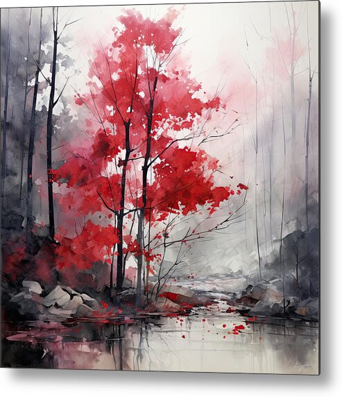 Gray And Red Art Metal Print featuring the painting Vibrant Fall in the Woods - Red and Gray Autumn Impressionist Art by Lourry Legarde