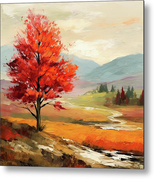 Yellow Metal Print featuring the painting VIbrant Maple Tree Art Woods - Autumn Colors Art by Lourry Legarde
