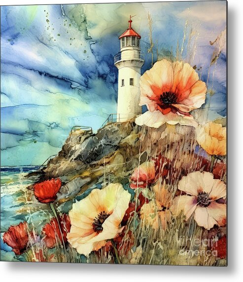 Lighthouse Metal Print featuring the painting Watchtower By The Sea by Tina LeCour
