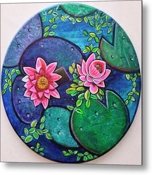 Waterlillies Metal Print featuring the painting Waterlillies pond on round canvas by Manjiri Kanvinde
