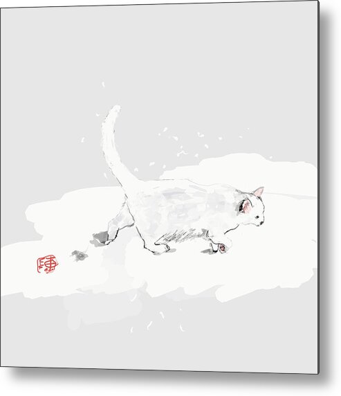 White Cat. White Snow. Metal Print featuring the digital art White Cat in Snow by Debbi Saccomanno Chan