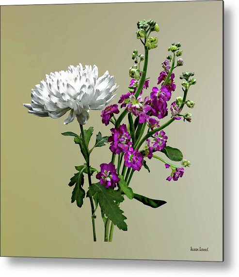 Chrysanthemum Metal Print featuring the photograph White Chrysanthemum and Purple Snapdragons by Susan Savad
