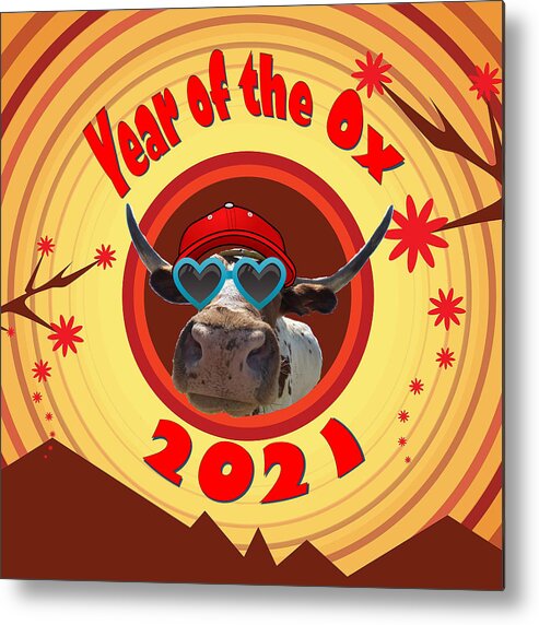 Ox Metal Print featuring the digital art Year of the Ox with Red Hat and Heart Shaped Sunglasses by Ali Baucom
