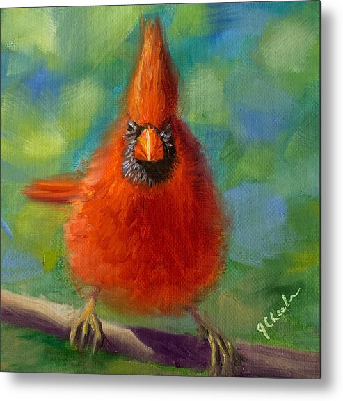 Cardinal Metal Print featuring the painting You Lookin at ME by Jan Chesler