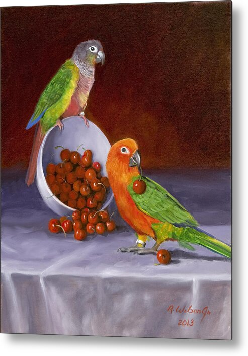 Conures Metal Print featuring the painting Life is a Bowl of Cherries by Karen Wilson