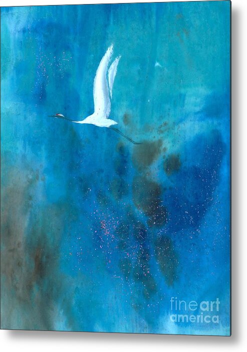 Landscape With A Soaring White Crane. This Is A Contemporary Chinese Ink And Color On Rice Paper Painting With Simple Zen Style Brush Strokes.  Metal Print featuring the painting Soar II by Mui-Joo Wee