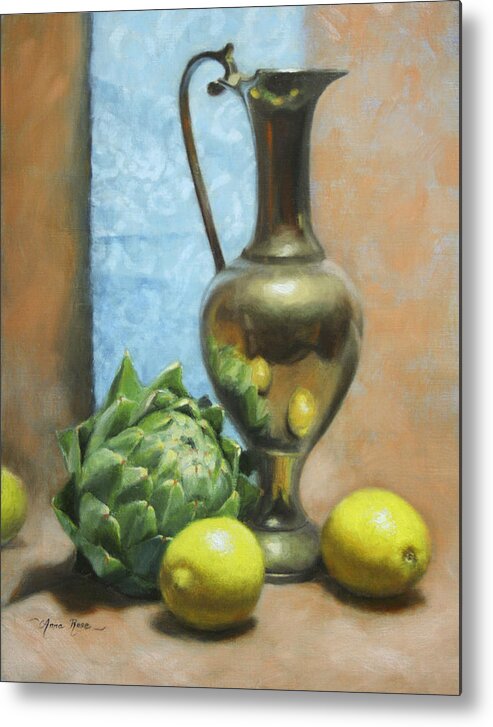 Still Life Metal Print featuring the painting Artichoke and Lemons by Anna Rose Bain