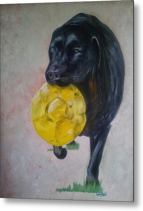 Yellow Ball Metal Print featuring the painting Black Lab by Abbie Shores