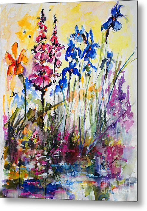 Flowers Metal Print featuring the painting Flowers by the Pond Blue Irises Foxglove by Ginette Callaway