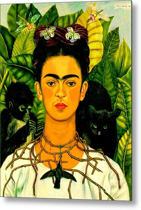 Frida Paintings Metal Print featuring the painting Frida Kahlo Self Portrait With Thorn Necklace and Hummingbird by Roberto Prusso